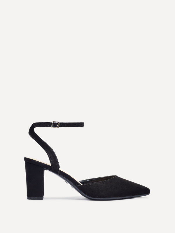 Linzi Black Faux Suede Open Back Block Heeled Court Shoe