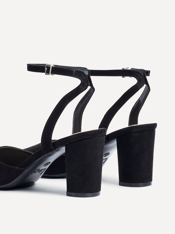 Linzi Black Faux Suede Open Back Block Heeled Court Shoe