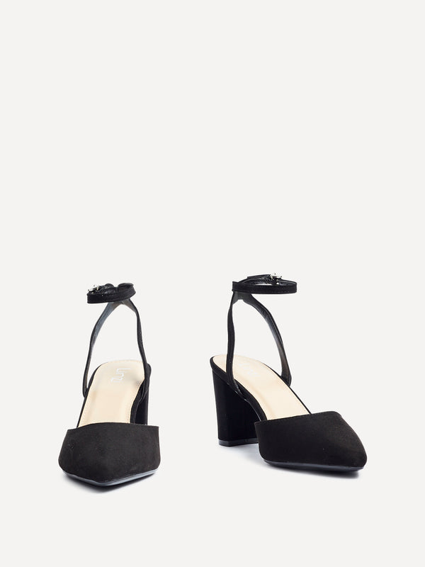 Linzi Black Faux Suede Open Back Block Heeled Court Shoe