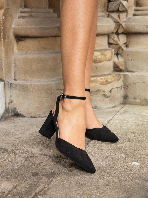 linzi Black Faux Suede Open Back Block Heeled Court Shoe