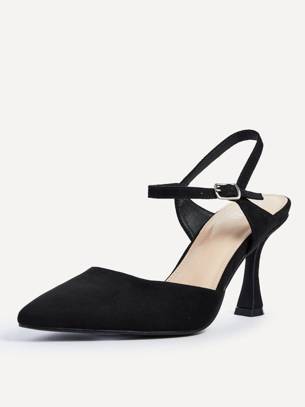 Linzi Black Faux Suede Open Back Stiletto Court Heel