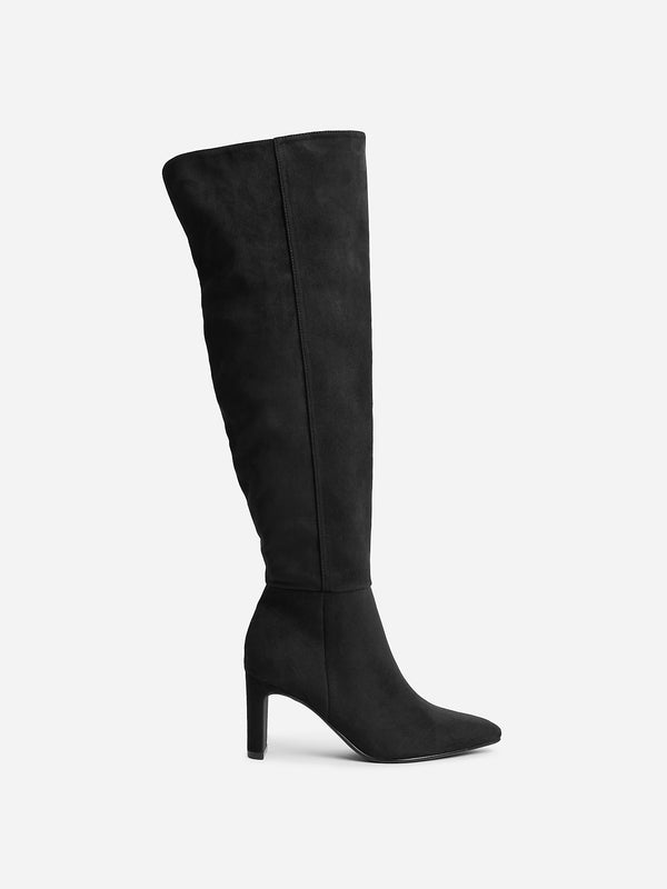 Linzi Black Faux Suede Over The Knee Block Heeled Boot