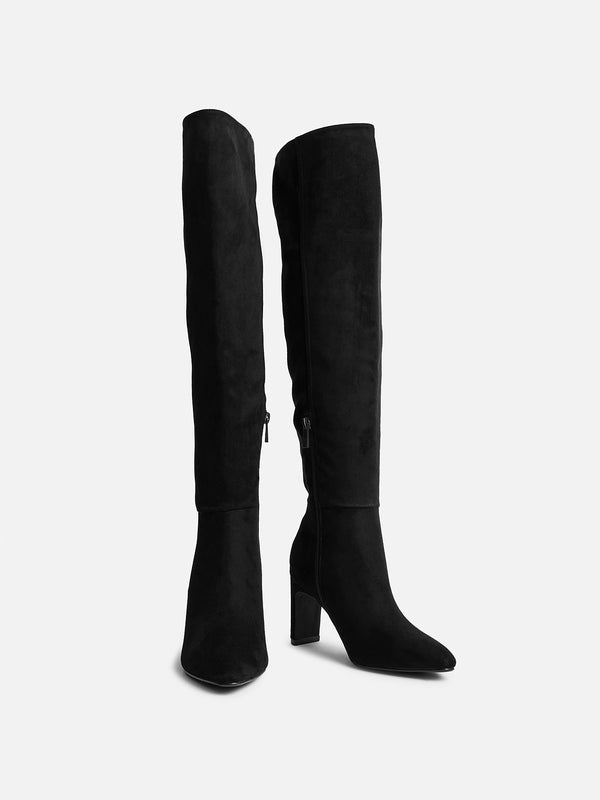 Linzi Black Faux Suede Over The Knee Block Heeled Boot