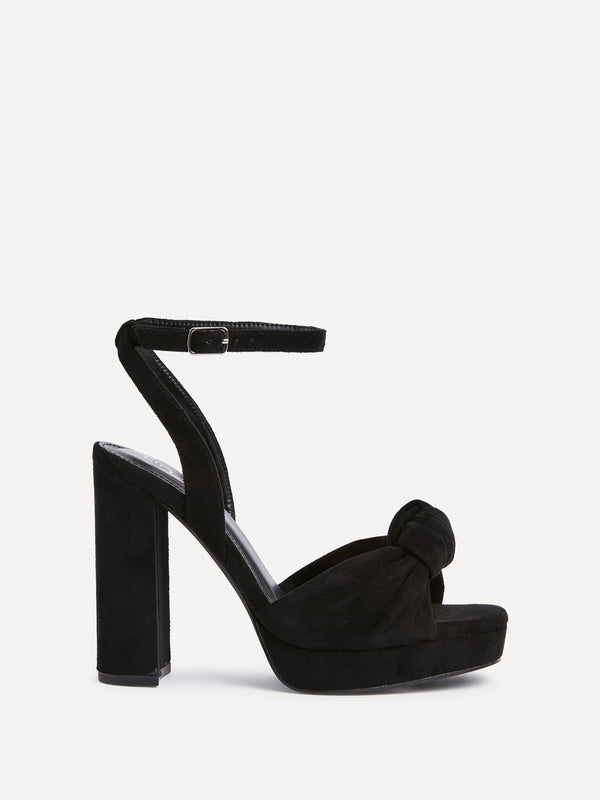 Linzi Black Faux Suede Platform Heel With Knotted Front Strap