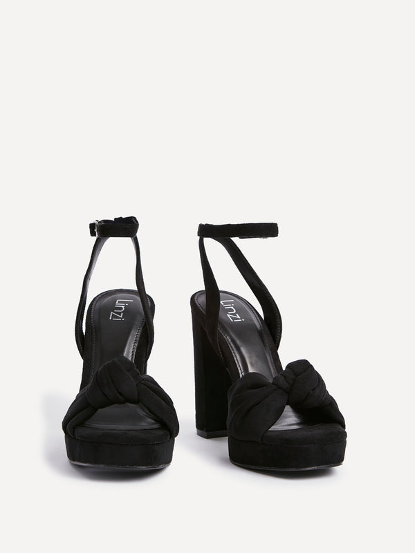 Linzi Black Faux Suede Platform Heel With Knotted Front Strap