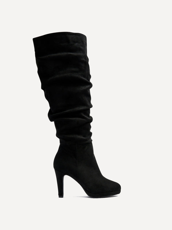 Linzi Black Faux Suede Platform High Leg Boot With Stiletto Heel
