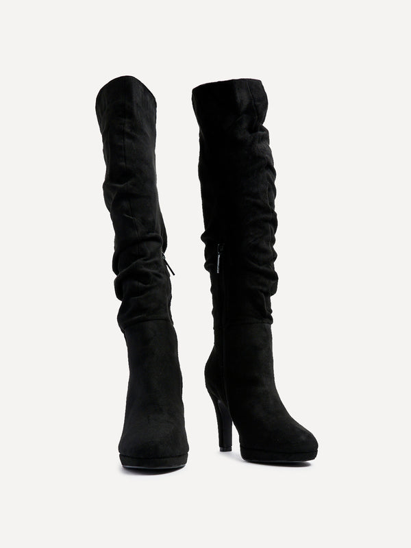 Linzi Black Faux Suede Platform High Leg Boot With Stiletto Heel