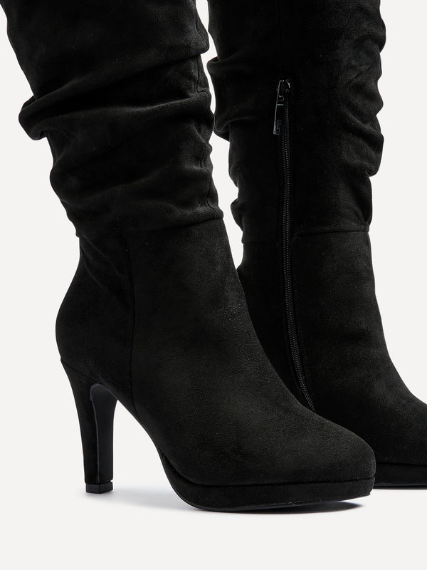 Linzi Black Faux Suede Platform High Leg Boot With Stiletto Heel