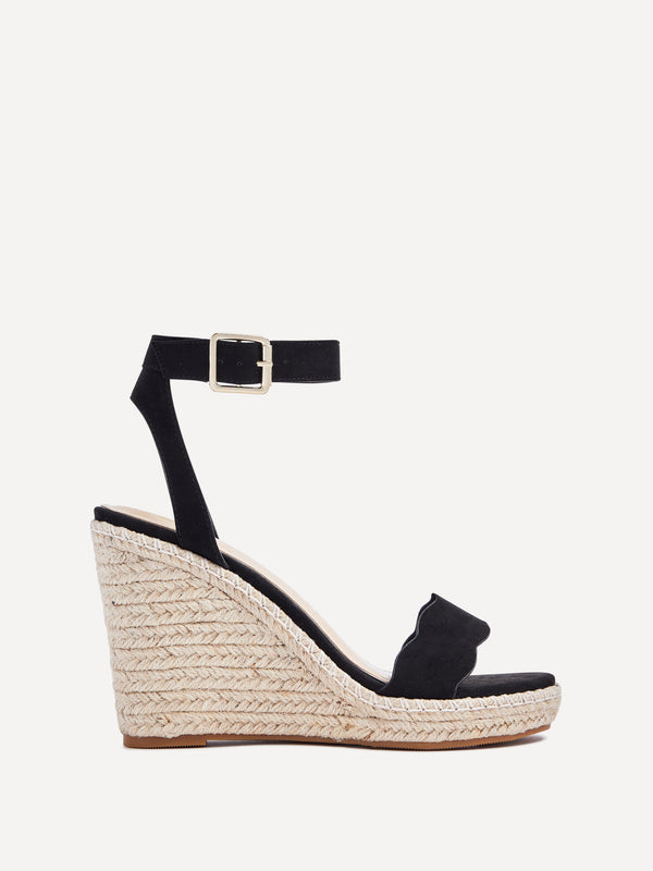 Linzi Black Faux Suede Rope Platform Wedge With Wavey Front Strap