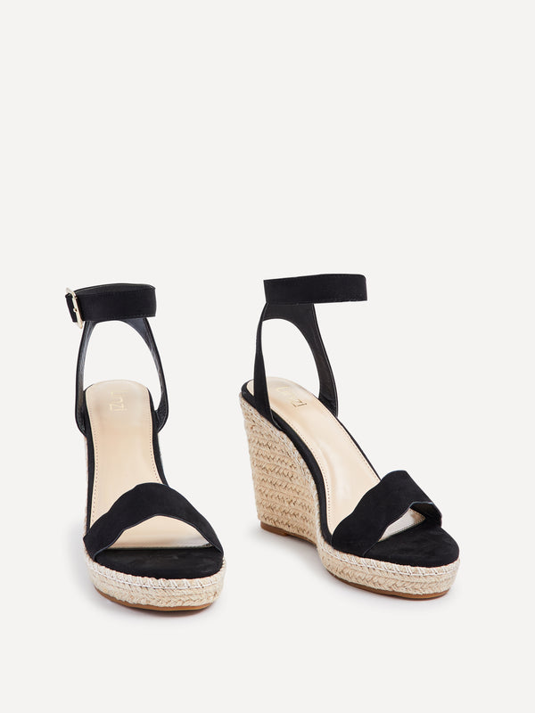 Linzi Black Faux Suede Rope Platform Wedge With Wavey Front Strap