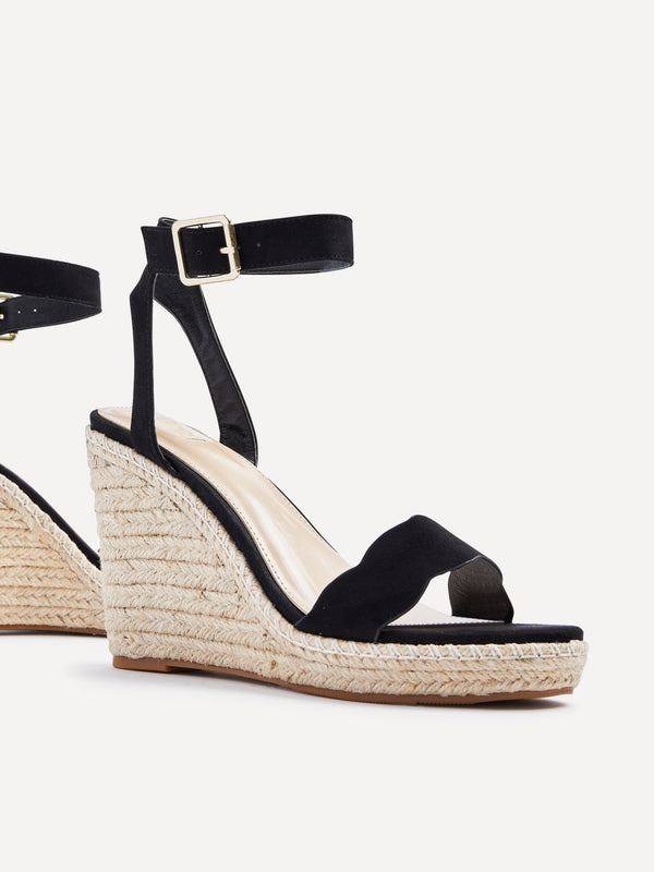 Linzi Black Faux Suede Rope Platform Wedge With Wavey Front Strap