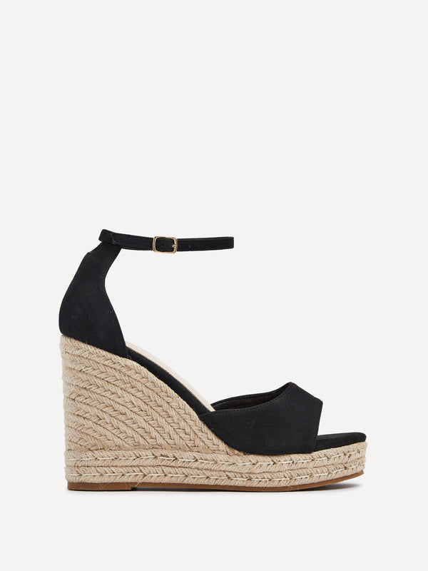 Linzi Black Faux Suede Rope Platform Wedge With Wrap Around Ankle Strap