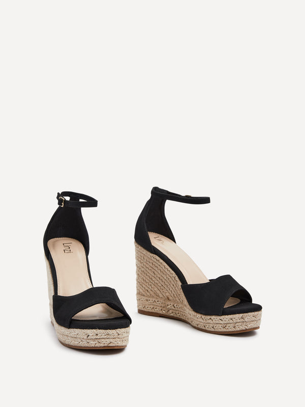 Linzi Black Faux Suede Rope Platform Wedge With Wrap Around Ankle Strap