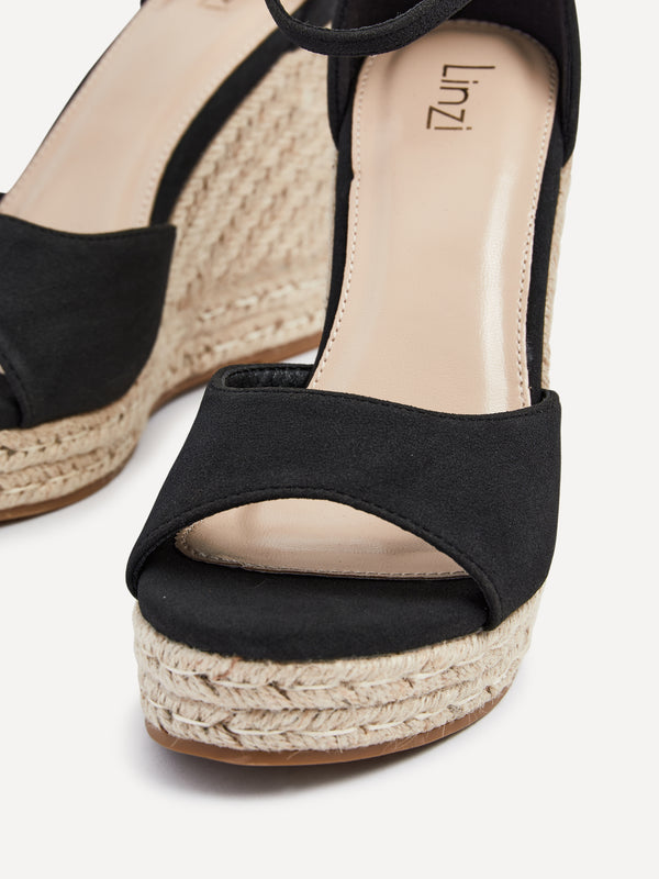 Linzi Black Faux Suede Rope Platform Wedge With Wrap Around Ankle Strap