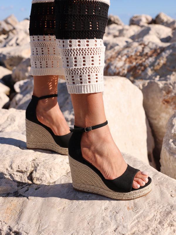 linzi Black Faux Suede Rope Platform Wedge With Wrap Around Ankle Strap
