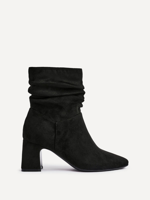 Linzi Black Faux Suede Ruched Block Heel Ankle Boot