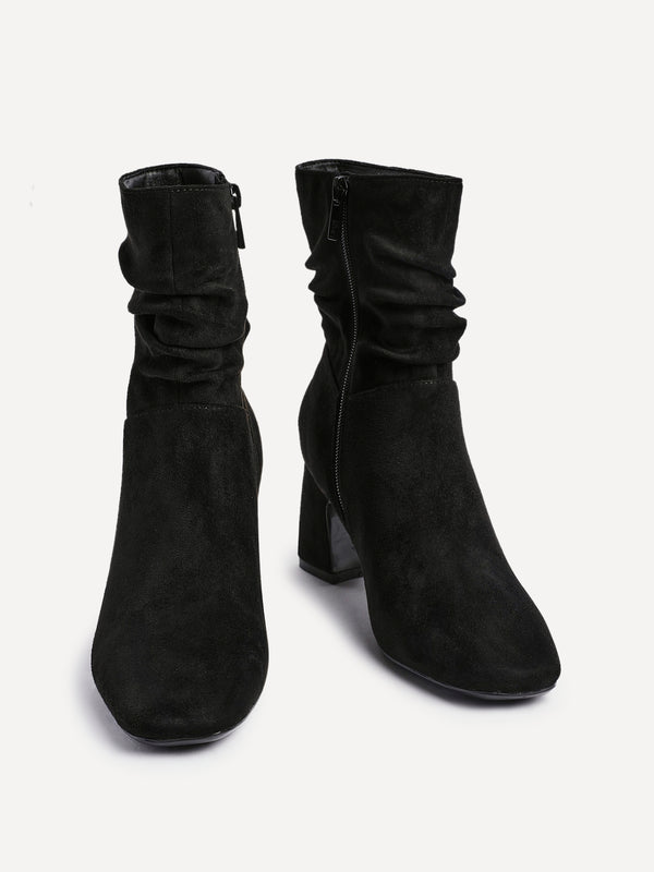 Linzi Black Faux Suede Ruched Block Heel Ankle Boot