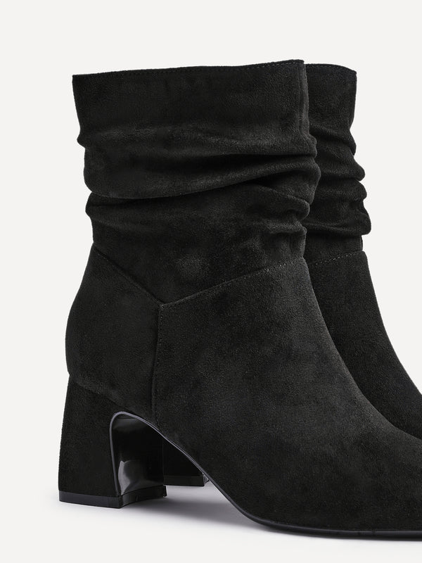 Linzi Black Faux Suede Ruched Block Heel Ankle Boot