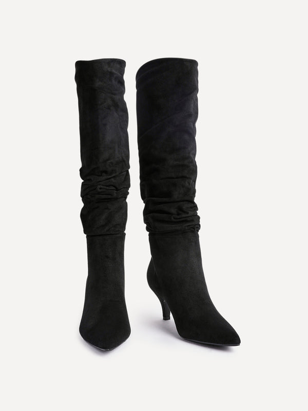 Linzi Black Faux Suede Ruched Kitten Heel Knee High Boot