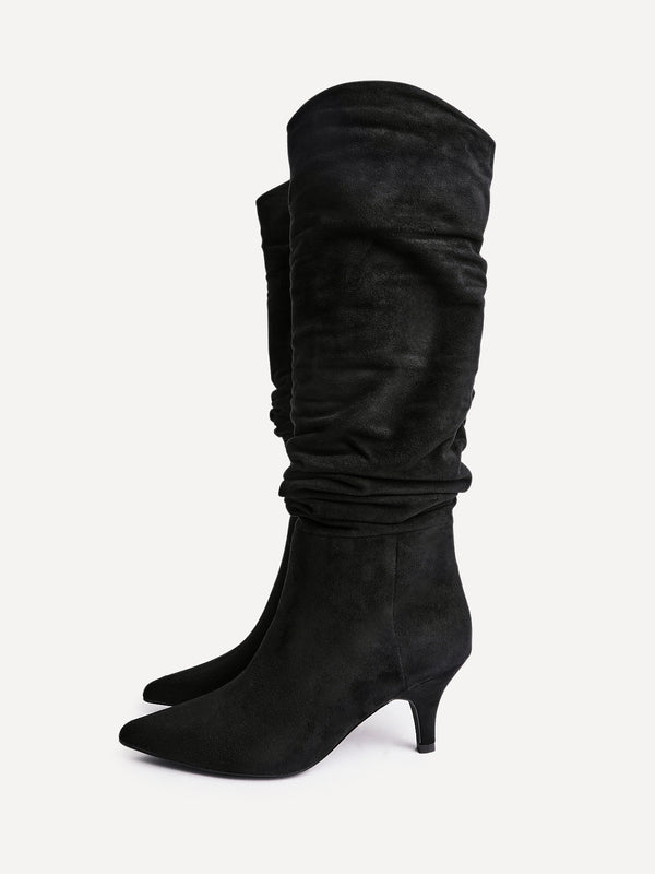 Linzi Black Faux Suede Ruched Kitten Heel Knee High Boot