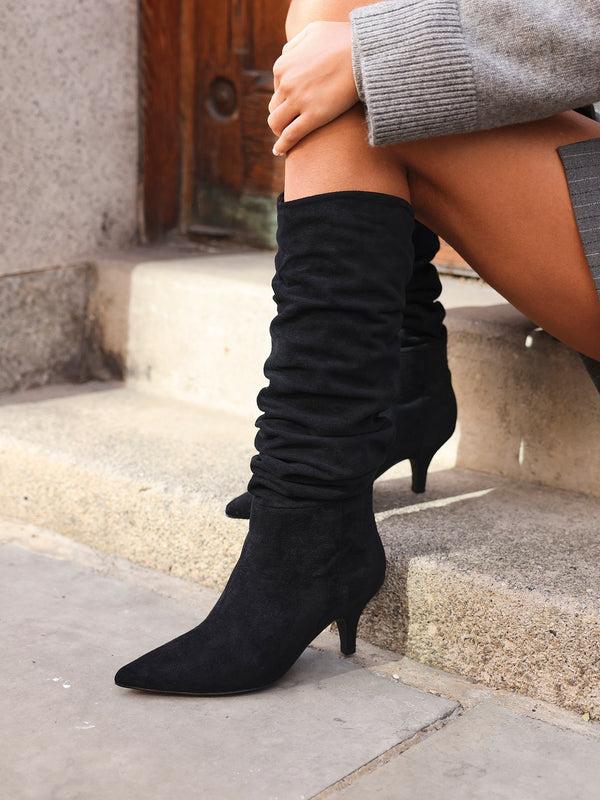 linzi Black Faux Suede Ruched Kitten Heel Knee High Boot