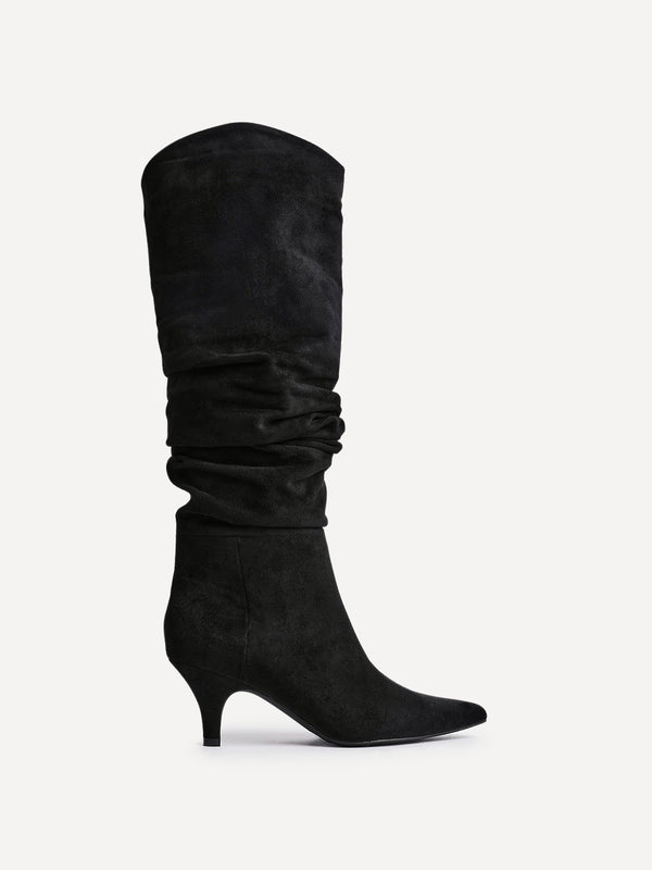 Linzi Black Faux Suede Ruched Kitten Heel Knee High Boot