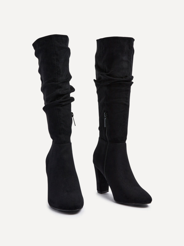 Linzi Black Faux Suede Ruched Knee High Heeled Boot