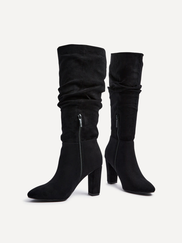 Linzi Black Faux Suede Ruched Knee High Heeled Boot