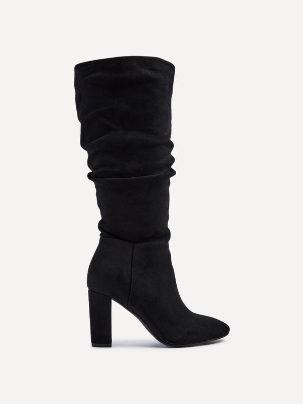 Linzi Black Faux Suede Ruched Knee High Heeled Boot