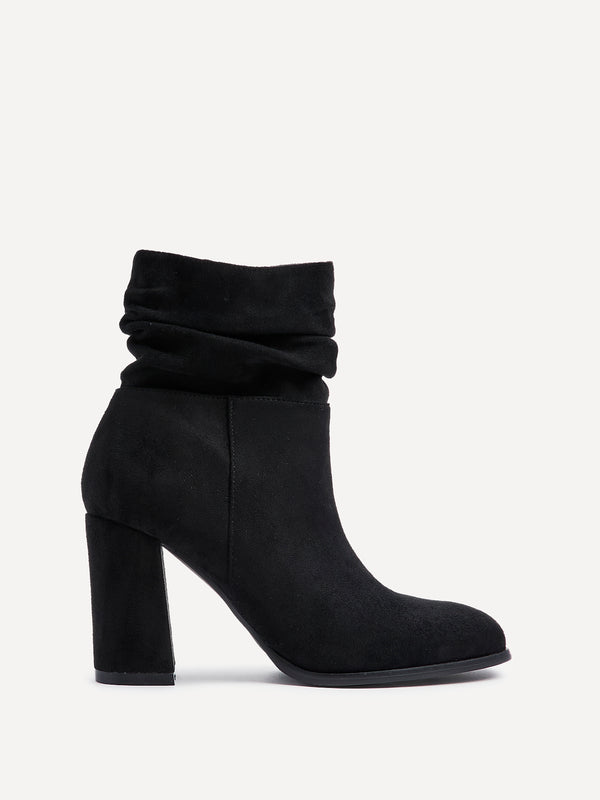 Linzi Black Faux Suede Ruched Square Toe Block Heeled Ankle Boot