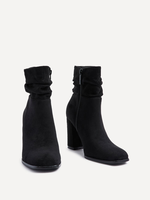 Linzi Black Faux Suede Ruched Square Toe Block Heeled Ankle Boot