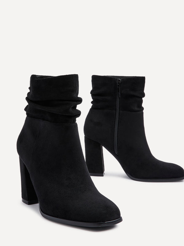 Linzi Black Faux Suede Ruched Square Toe Block Heeled Ankle Boot