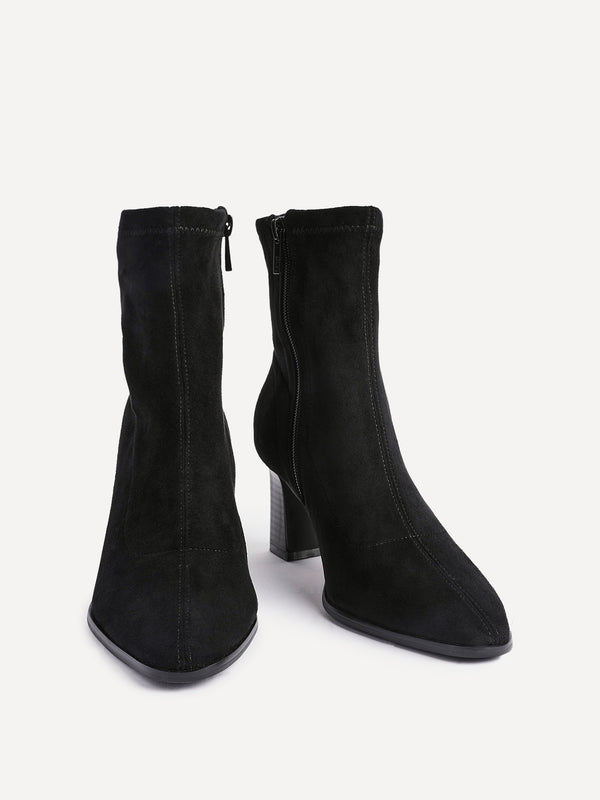 Linzi Black Faux Suede Sock Ankle Boot With Stacked Heel