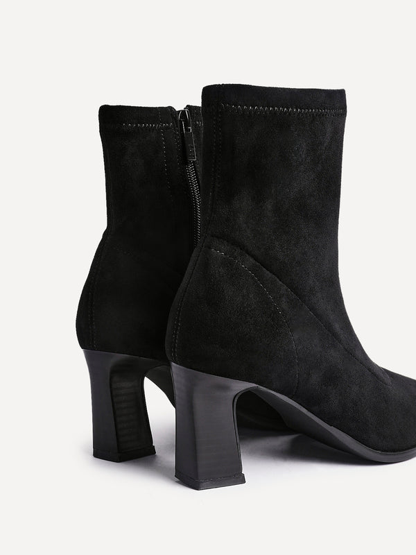 Linzi Black Faux Suede Sock Ankle Boot With Stacked Heel