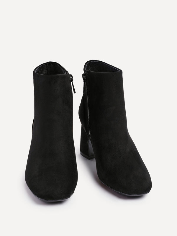 Linzi Black Faux Suede Soft Square Toe Block Heel Ankle Boot