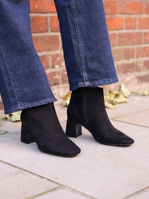 linzi Black Faux Suede Soft Square Toe Block Heel Ankle Boot
