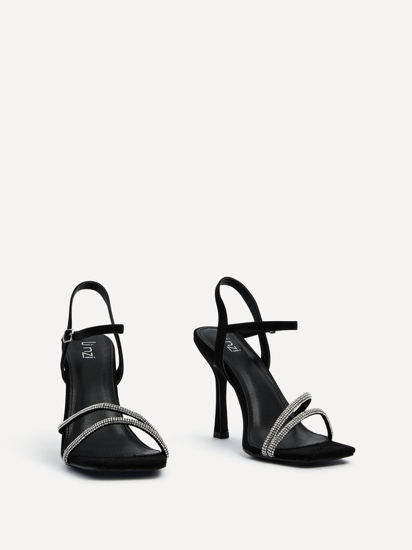 Linzi Black Faux Suede Square Toe Diamonte Embellished Heel