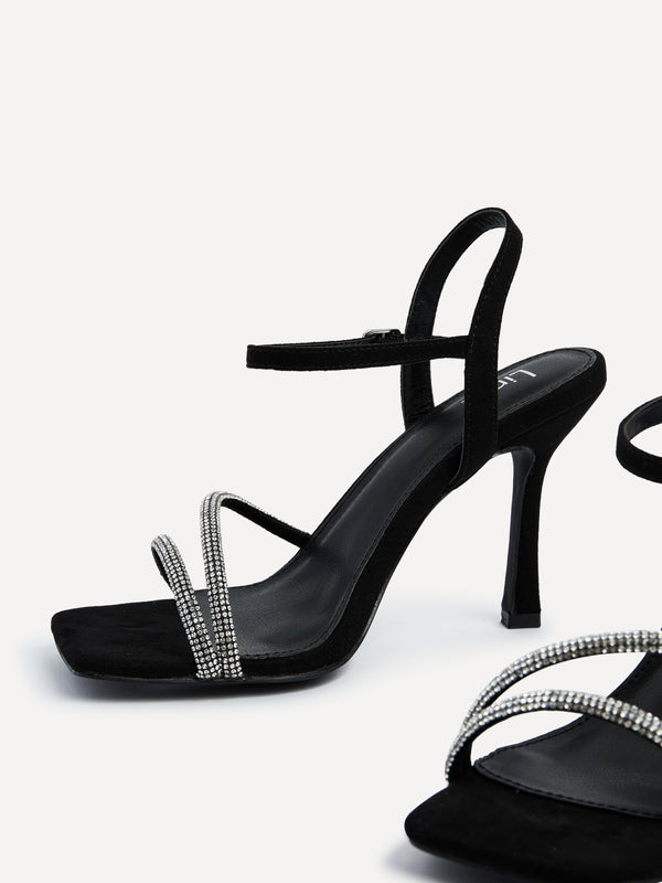 Linzi Black Faux Suede Square Toe Diamonte Embellished Heel