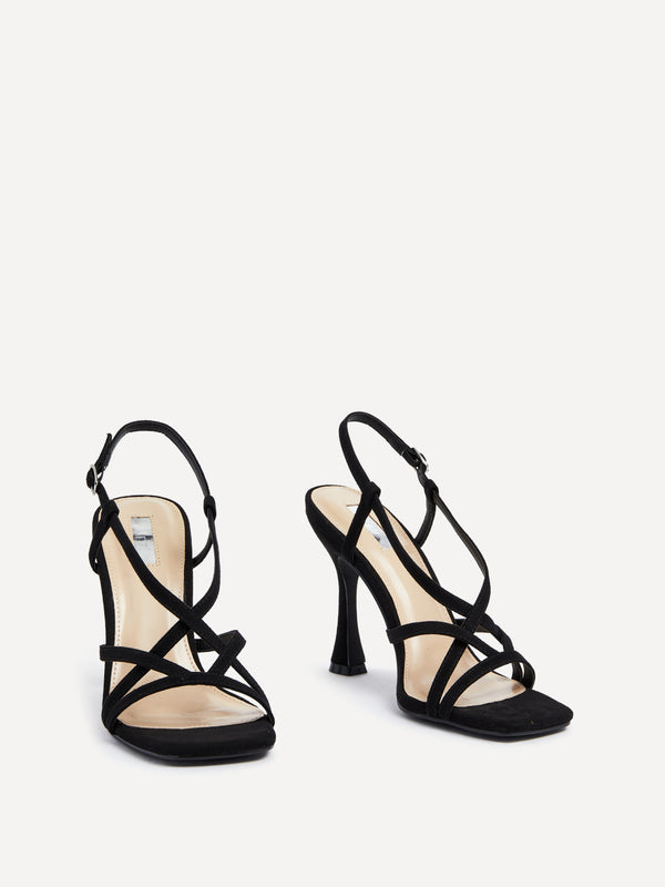 Linzi Black Faux Suede Square Toe High Heel With Crossover Straps