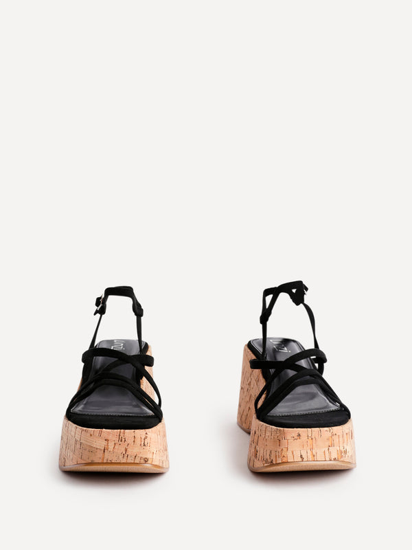 Linzi Black Faux Suede Strappy Cork Flatform Sandal