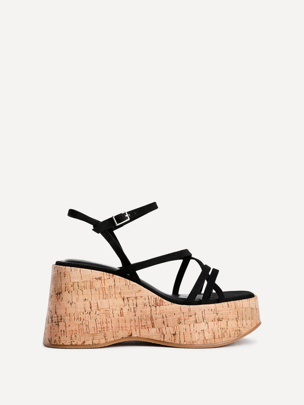 Linzi Black Faux Suede Strappy Cork Flatform Sandal