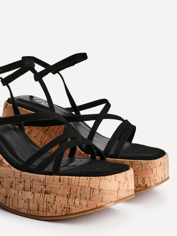Linzi Black Faux Suede Strappy Cork Flatform Sandal