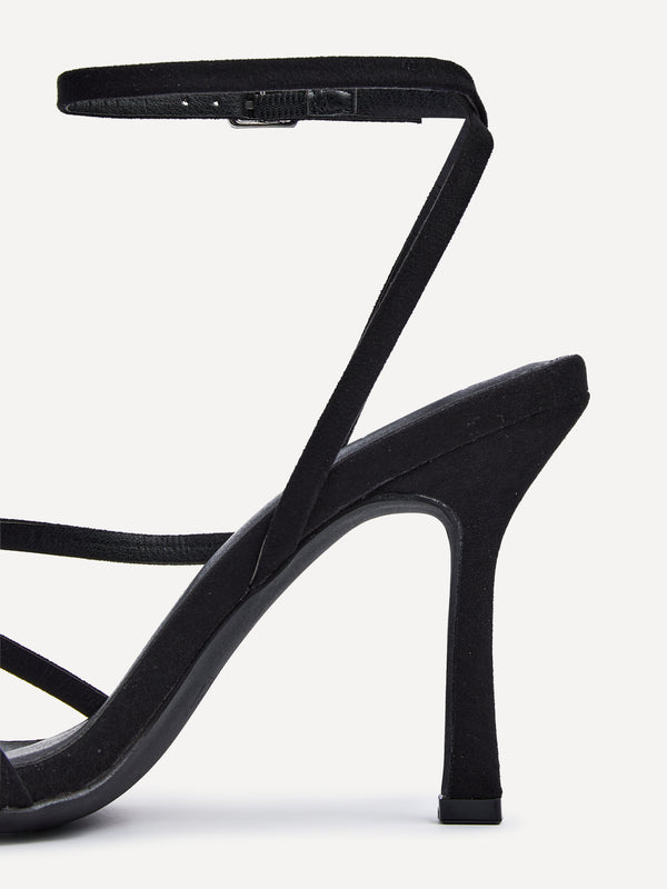 Linzi Black Faux Suede Strappy Heel Sandal With Ankle Strap