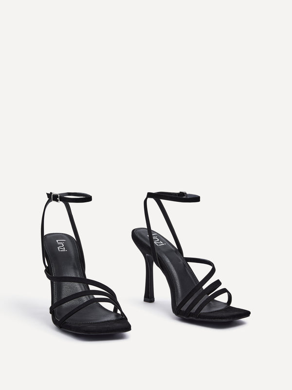 Linzi Black Faux Suede Strappy Heel Sandal With Ankle Strap