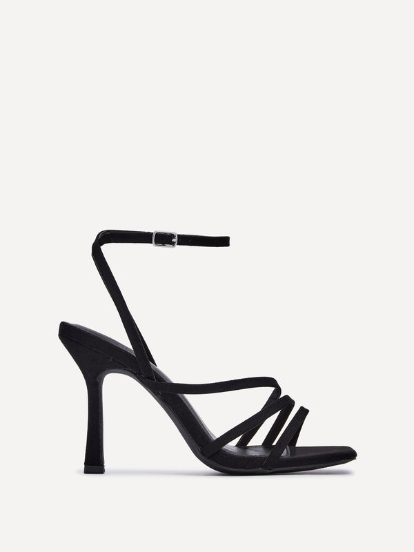 linzi Black Faux Suede Strappy Heel Sandal With Ankle Strap