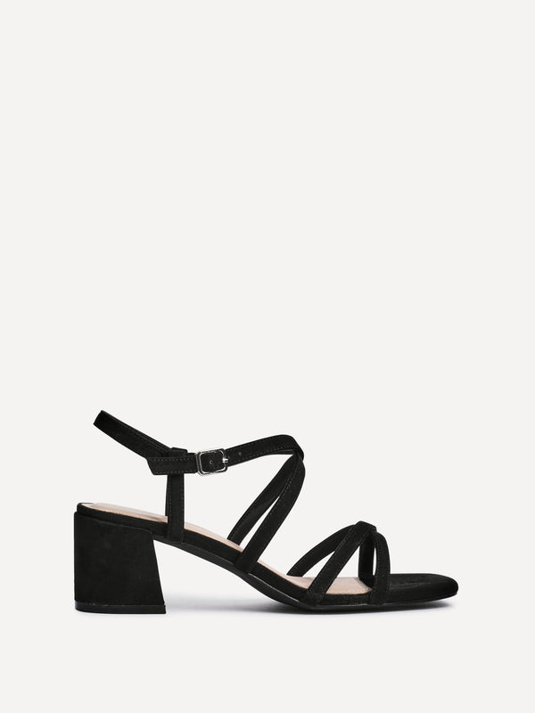 Linzi Black Faux Suede Strappy Low Block Heeled Sandals