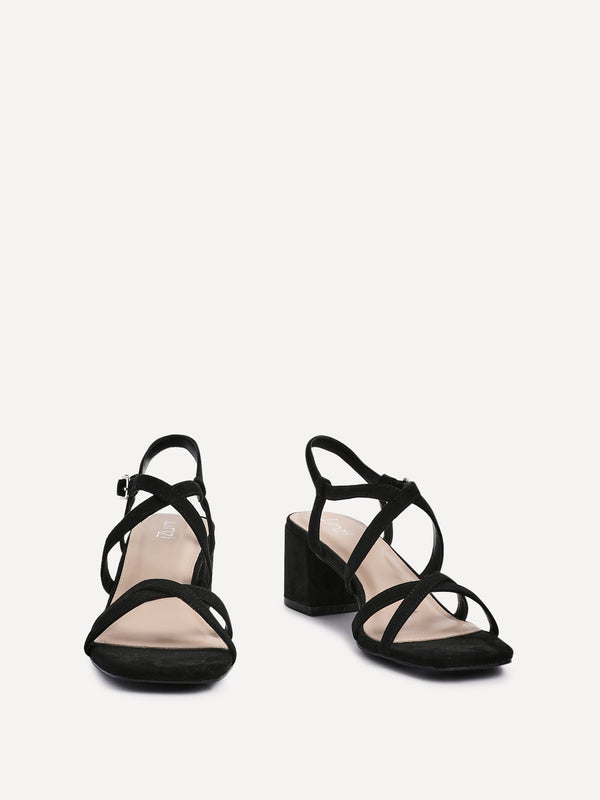 Linzi Black Faux Suede Strappy Low Block Heeled Sandals