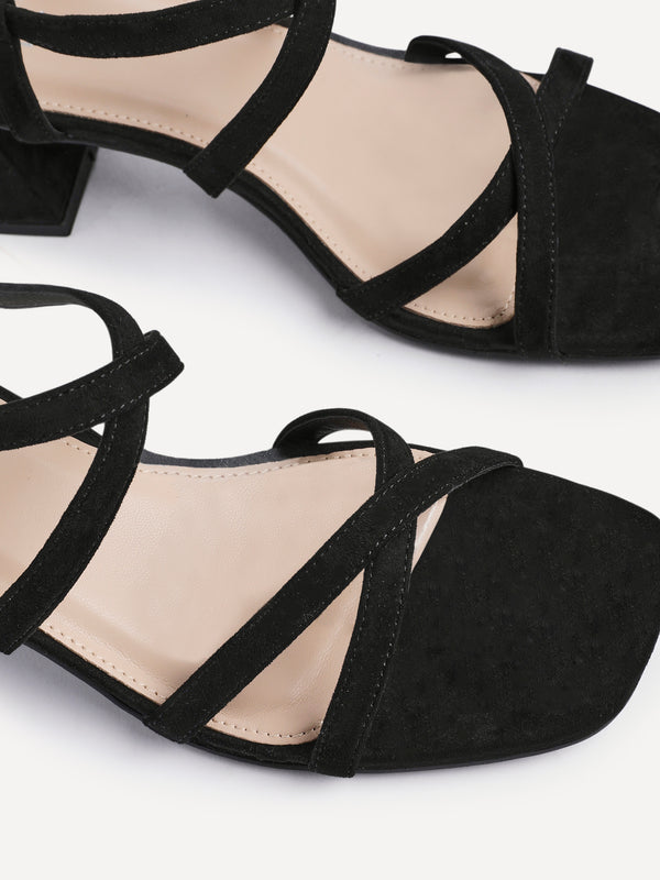 Linzi Black Faux Suede Strappy Low Block Heeled Sandals