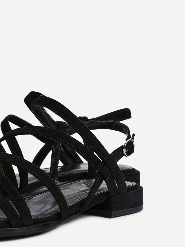 Linzi Black Faux Suede Strappy Sandals With Mini Block Heel