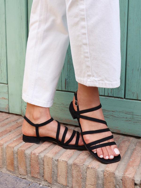 linzi Black Faux Suede Strappy Sandals With Mini Block Heel